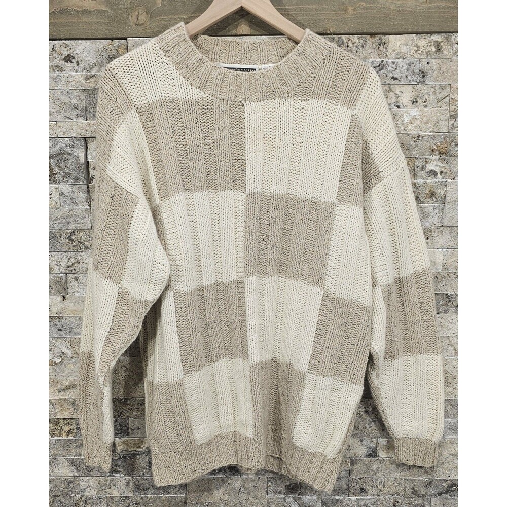 Vintage 90s Crewneck Sweater Silk Angora Checkered Chunky Oversize Beige Women S